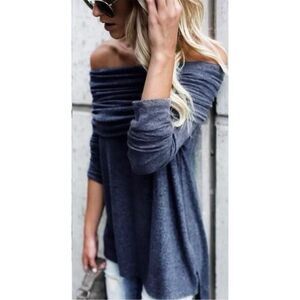 Tunic Women's L Heather Blue High Low Off the Shoulder Long Sleeve Casual